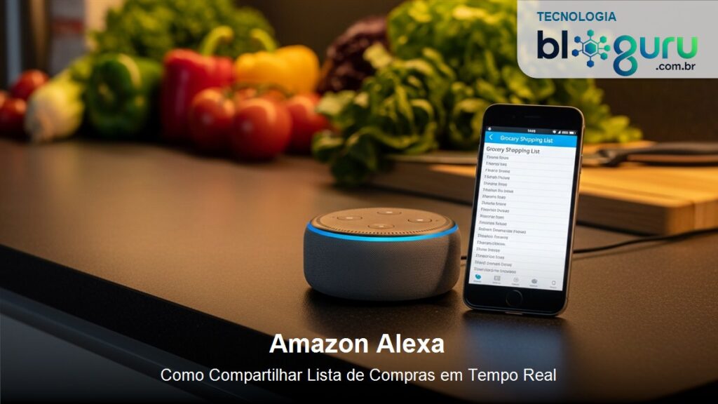 Echo Dot na bancada da cozinha ao lado de smartphone com lista de compras aberta
